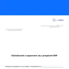 Oświadczenie o zapoznaniu się z przepisami BHP. Dokument potwierdza znajomość zasad bezpieczeństwa i higieny pracy.