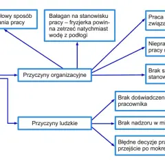 Schemat przedstawia rodzaje wypadków przy pracy, ich przyczyny organizacyjne (np. bałagan, presja czasu) i ludzkie (np. brak doświadczenia, błędne decyzje).
