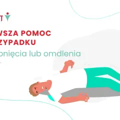 Pierwsza pomoc w przypadku zasłabnięcia lub omdlenia. Mężczyzna leży na ziemi, z zamkniętymi oczami i bladą twarzą.
