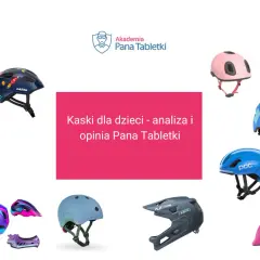 Kaski rowerowe dla dzieci, w tym modele z motywami kosmicznymi i zwierzęcymi, czekają na analizę Pana Tabletki. To bezpieczny teren budowy dla małych rowerzystów.