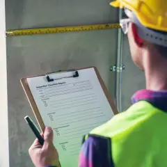 Pracownik w kasku i kamizelce odblaskowej sprawdza listę kontrolną, przestrzegając instrukcji BHP. Mierzy taśmą.