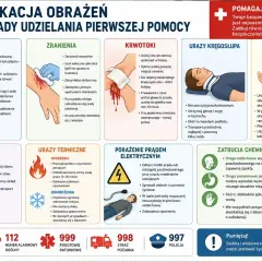 Pierwsza pomoc: zadławienia, zranienia, krwotoki, urazy kręgosłupa, złamania, zatrucia. W przypadku krwotoku uciskaj ranę, by zapobiec hipowolemii.
