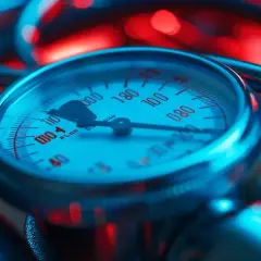 Manometr ciśnieniomierza z czerwoną wskazówką na skali, wskazującą ciśnienie 150 na 100. W tle niebieskie i czerwone światła.