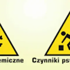 Dwa żółte trójkąty ostrzegawcze: jeden z symbolem czaszki i skrzyżowanych kości (czynniki chemiczne), drugi z sylwetką człowieka podnoszącego ciężar (czynniki psychofizyczne).