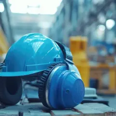 Niebieski kask z nausznikami, zapewniający ochronę słuchu w hałaśliwym środowisku pracy.