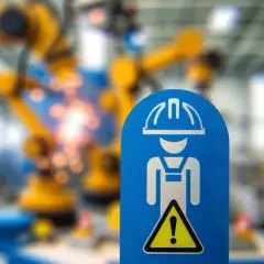 Tablica ostrzegawcza z symbolem pracownika w kasku i kombinezonie, wskazująca na prace szczególnie niebezpieczne w tle z robotami przemysłowymi.