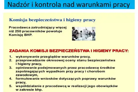 Komisja BHP nadzoruje warunki pracy. Na zdjęciu zespół omawia kwestie bezpieczeństwa.