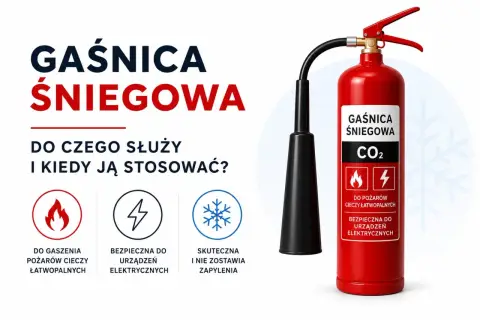 Gaśnica śniegowa CO2: do czego służy? Do gaszenia pożarów cieczy łatwopalnych i urządzeń elektrycznych. Nie zostawia zapylenia.
