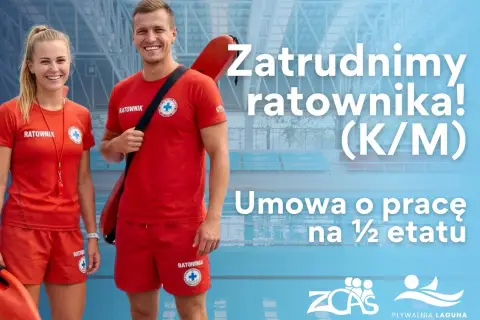 Uśmiechnięci ratownicy w czerwonych strojach szukają kogoś do pracy. Oferta pracy na pół etatu dla ratownika K/M.