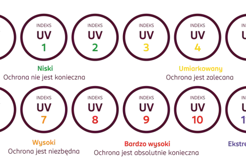 Skala indeksu UV od 0 do 11+ z opisami poziomu ochrony.