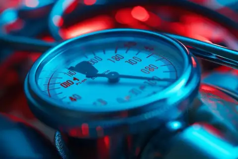Manometr ciśnieniomierza z czerwoną wskazówką na skali, wskazującą ciśnienie 150 na 100. W tle niebieskie i czerwone światła.