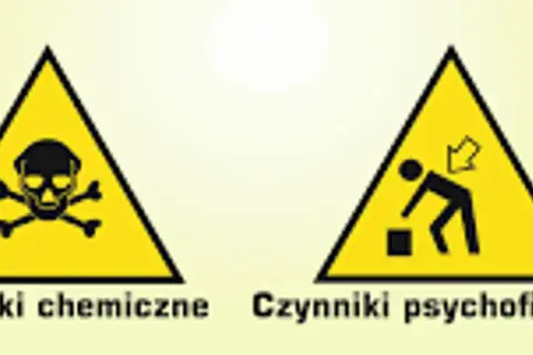 Dwa żółte trójkąty ostrzegawcze: jeden z symbolem czaszki i skrzyżowanych kości (czynniki chemiczne), drugi z sylwetką człowieka podnoszącego ciężar (czynniki psychofizyczne).