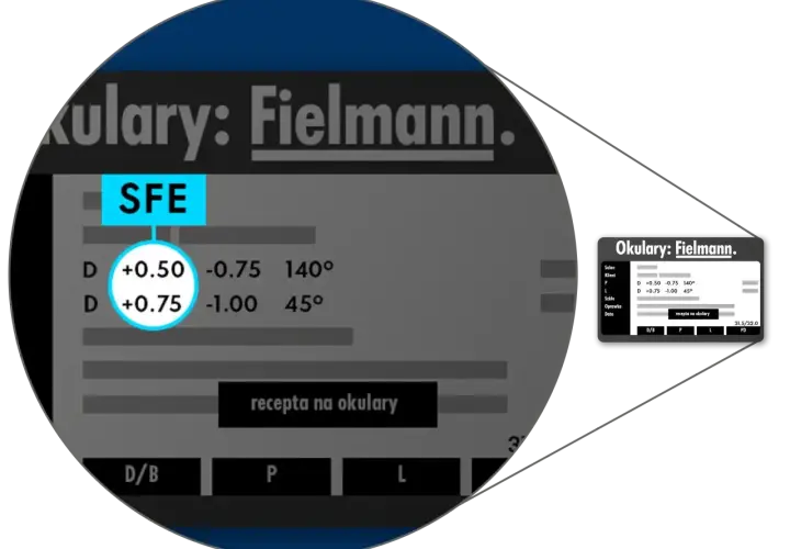 Recepta na okulary Fielmann z wartościami sferycznymi i cylindrycznymi. Widzenie zmierzchowe normy.