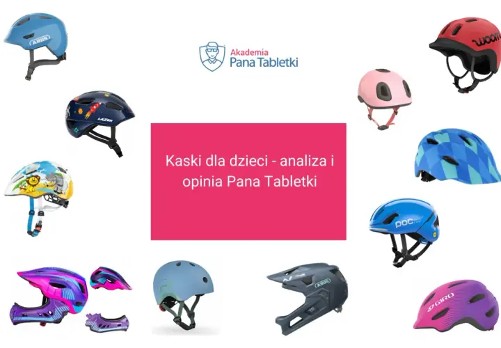 Kaski rowerowe dla dzieci, w tym modele z motywami kosmicznymi i zwierzęcymi, czekają na analizę Pana Tabletki. To bezpieczny teren budowy dla małych rowerzystów.