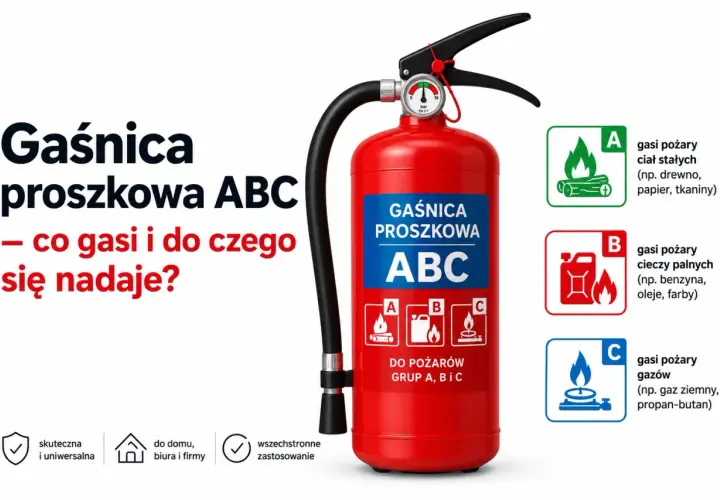 Czerwona gaśnica proszkowa ABC, wszechstronna, do gaszenia pożarów ciał stałych, cieczy palnych i gazów. Idealna do domu, biura i firmy.