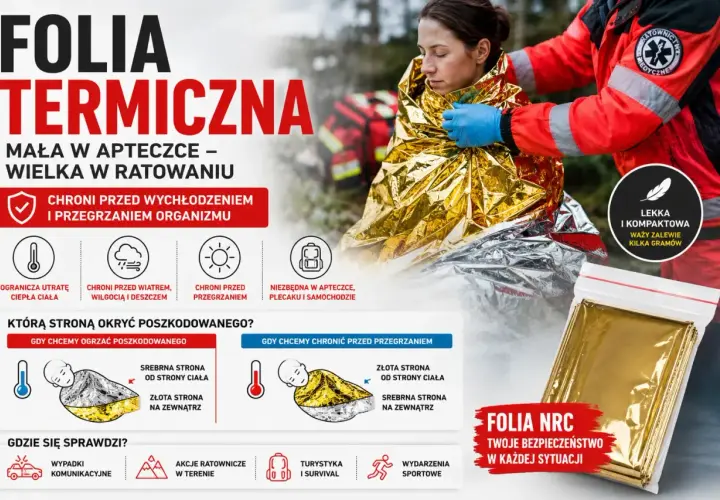 Folia NRC ratuje życie, chroniąc przed wychłodzeniem i przegrzaniem. Niezbędna w apteczce, plecaku i samochodzie.