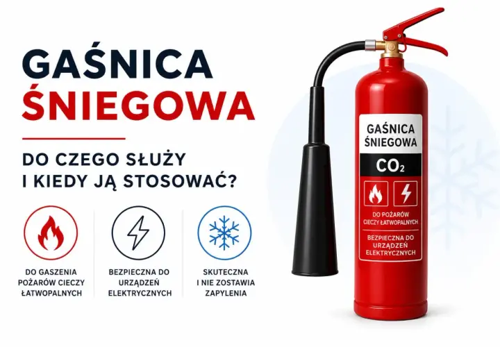 Gaśnica śniegowa CO2: do czego służy? Do gaszenia pożarów cieczy łatwopalnych i urządzeń elektrycznych. Nie zostawia zapylenia.
