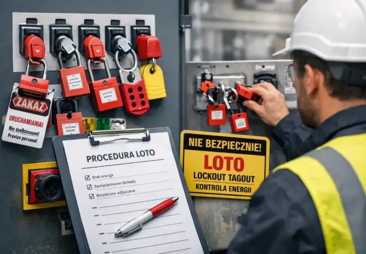 Pracownik stosuje procedurę LOTO, blokując maszyny kłódkami. Na tablicy kontrolnej widnieje napis "PROCEDURA LOTO".