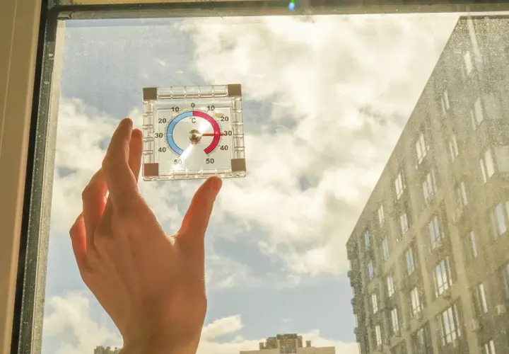 Dłoń trzyma termometr przy oknie, sprawdzając temperaturę. To przydatne, gdy zastanawiasz się, jak używać koc termiczny, by utrzymać ciepło.