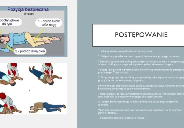 Pozycja bezpieczna po utracie przytomności: obróć tułów, ułóż nogę, podłóż dłoń, odchyl głowę do tyłu. Instrukcja postępowania.