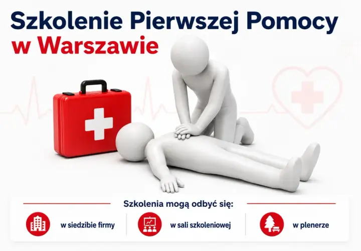Kurs pierwszej pomocy z certyfikatem w Warszawie. Ćwiczenie resuscytacji na fantomie obok czerwonej apteczki.