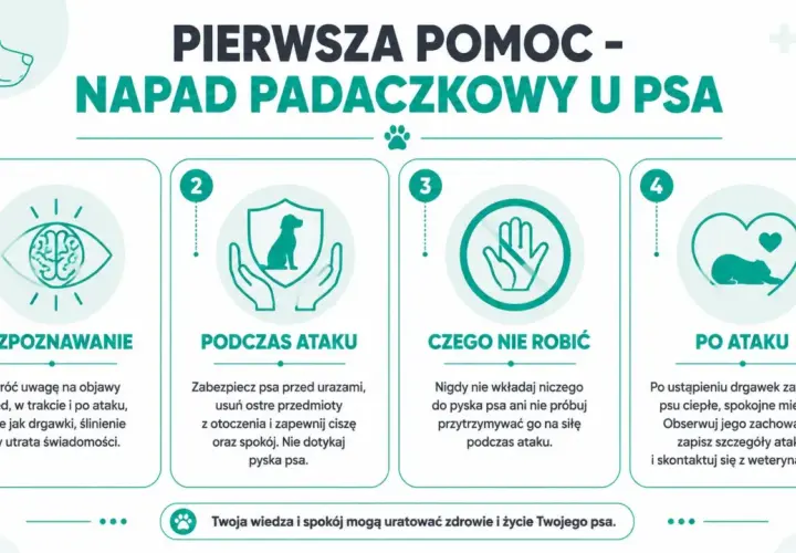 Pierwsza pomoc przy napadzie padaczkowym u psa: rozpoznawanie, co robić podczas ataku, czego nie robić i postępowanie po ataku. Drgawki to sygnał do działania.