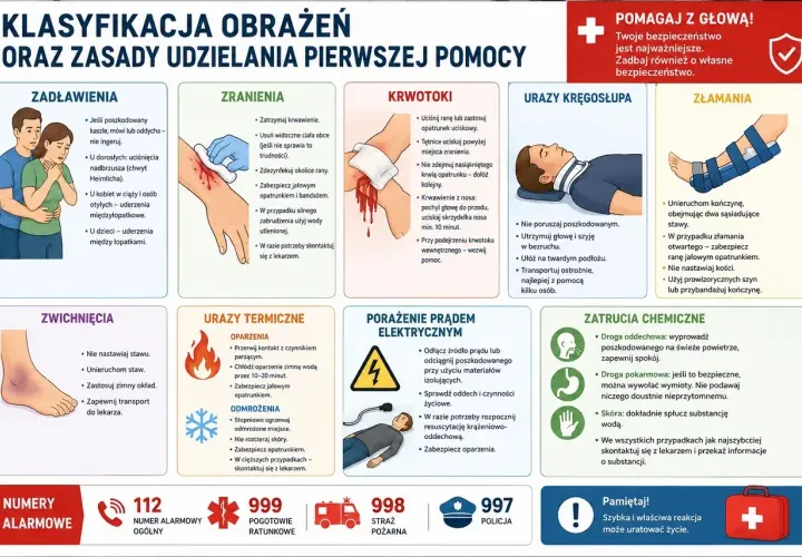 Pierwsza pomoc: zadławienia, zranienia, krwotoki, urazy kręgosłupa, złamania, zatrucia. W przypadku krwotoku uciskaj ranę, by zapobiec hipowolemii.