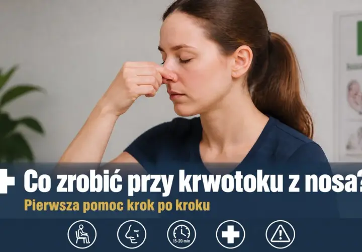 Kobieta zamyka oczy, uciskając nos. Krwotok z nosa może być objawem osłabienia organizmu. Dowiedz się, jak udzielić pierwszej pomocy.