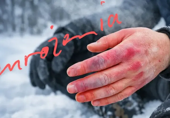 Dłoń z widocznymi objawami odmrożeń, zaczerwieniona i sina, na tle zimowego krajobrazu.