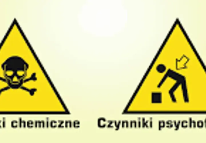 Dwa żółte trójkąty ostrzegawcze: jeden z symbolem czaszki i skrzyżowanych kości (czynniki chemiczne), drugi z sylwetką człowieka podnoszącego ciężar (czynniki psychofizyczne).