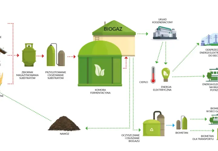 Schemat instalacji biogazowej: odpady organiczne, odchody zwierzęce i rośliny energetyczne przetwarzane są na biogaz, który daje ciepło i energię elektryczną.