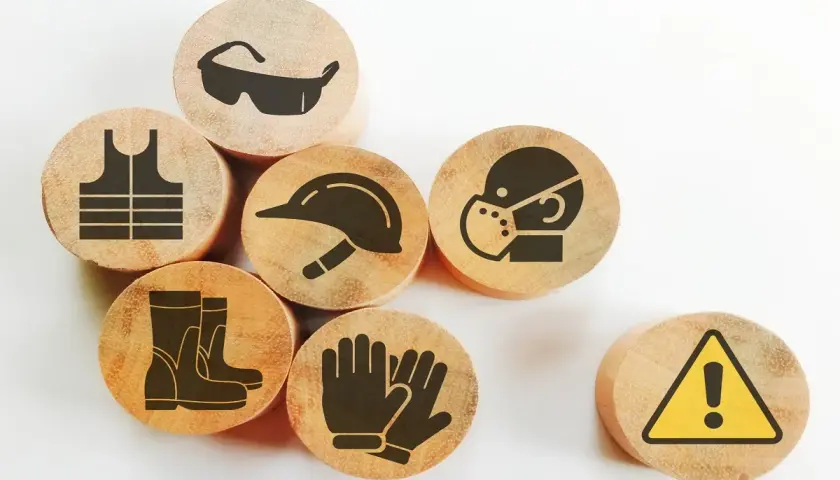 Drewniane krążki z symbolami ochrony: kamizelka, okulary, kask, maska, rękawice, buty i znak ostrzegawczy. Zapobiegają chorobie zawodowej.