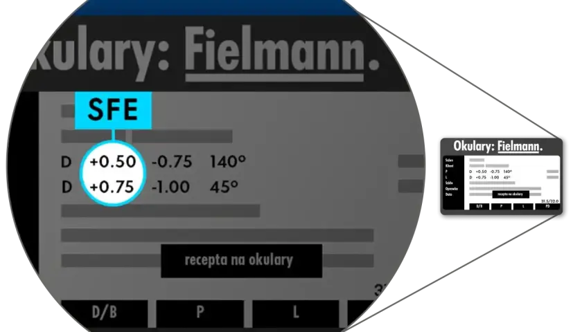 Recepta na okulary Fielmann z wartościami sferycznymi i cylindrycznymi. Widzenie zmierzchowe normy.