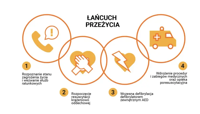 Łańcuch przeżycia: rozpoznanie zagrożenia, resuscytacja krążeniowo-oddechowa, defibrylacja AED, opieka medyczna. Kluczowe dla pierwszej pomocy u dzieci.