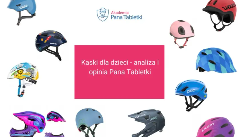 Kaski rowerowe dla dzieci, w tym modele z motywami kosmicznymi i zwierzęcymi, czekają na analizę Pana Tabletki. To bezpieczny teren budowy dla małych rowerzystów.