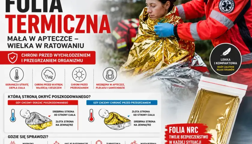 Folia NRC ratuje życie, chroniąc przed wychłodzeniem i przegrzaniem. Niezbędna w apteczce, plecaku i samochodzie.