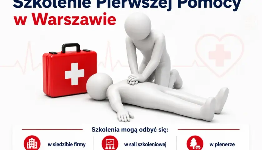 Kurs pierwszej pomocy z certyfikatem w Warszawie. Ćwiczenie resuscytacji na fantomie obok czerwonej apteczki.