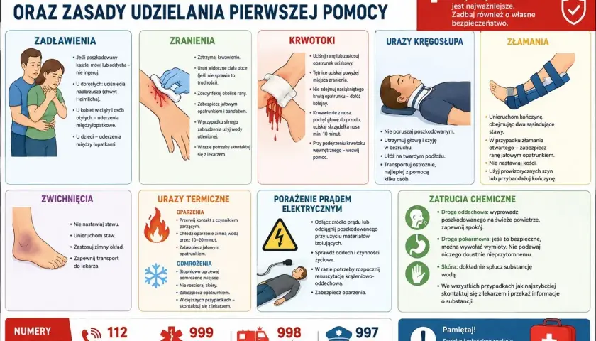 Pierwsza pomoc: zadławienia, zranienia, krwotoki, urazy kręgosłupa, złamania, zatrucia. W przypadku krwotoku uciskaj ranę, by zapobiec hipowolemii.