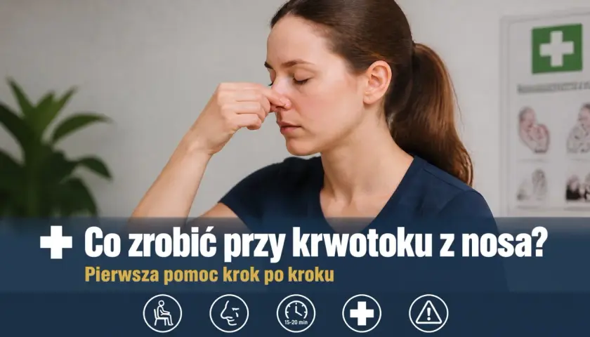 Kobieta zamyka oczy, uciskając nos. Krwotok z nosa może być objawem osłabienia organizmu. Dowiedz się, jak udzielić pierwszej pomocy.