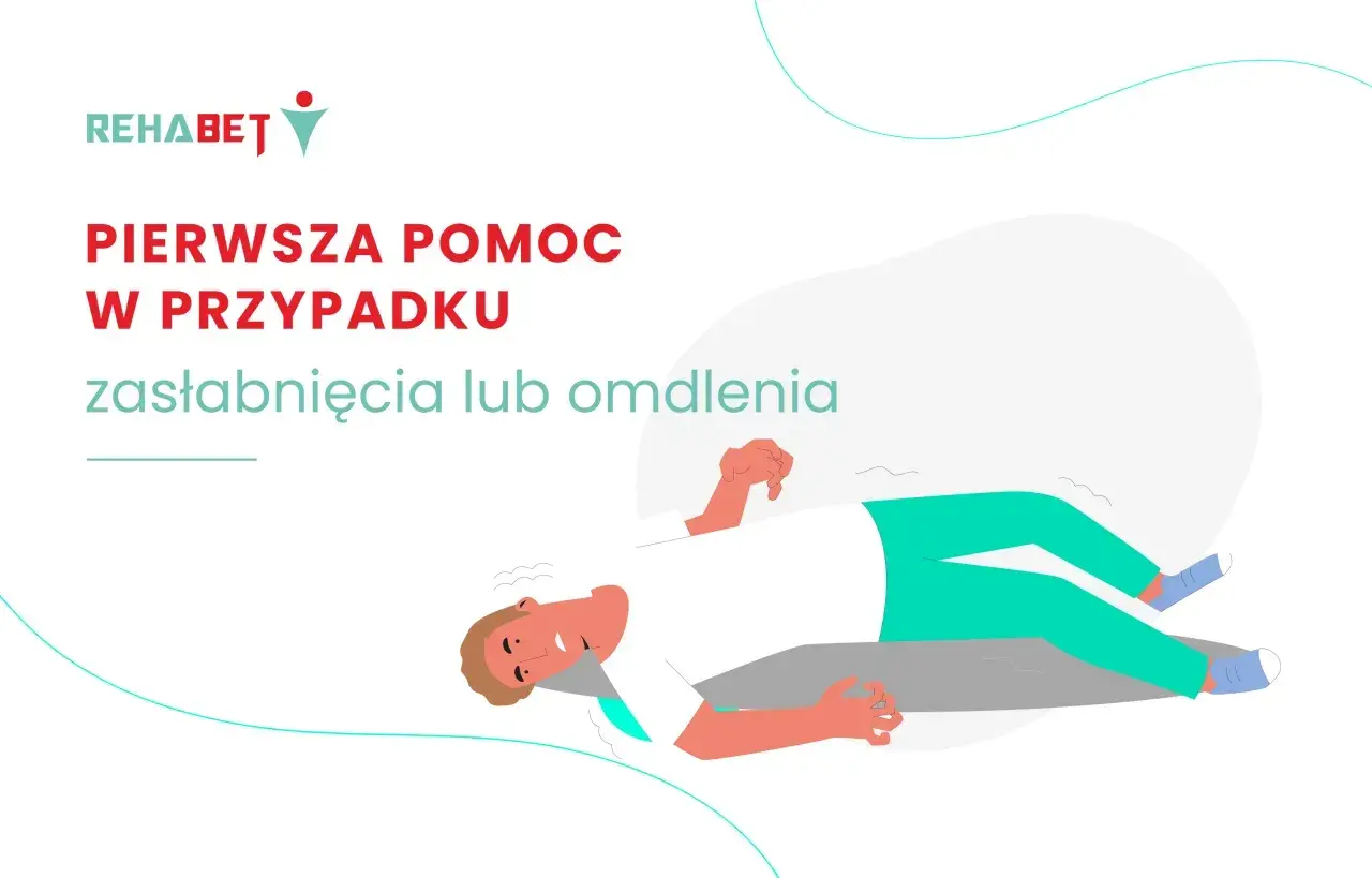 Pierwsza pomoc w przypadku zasłabnięcia lub omdlenia. Mężczyzna leży na ziemi, z zamkniętymi oczami i bladą twarzą.