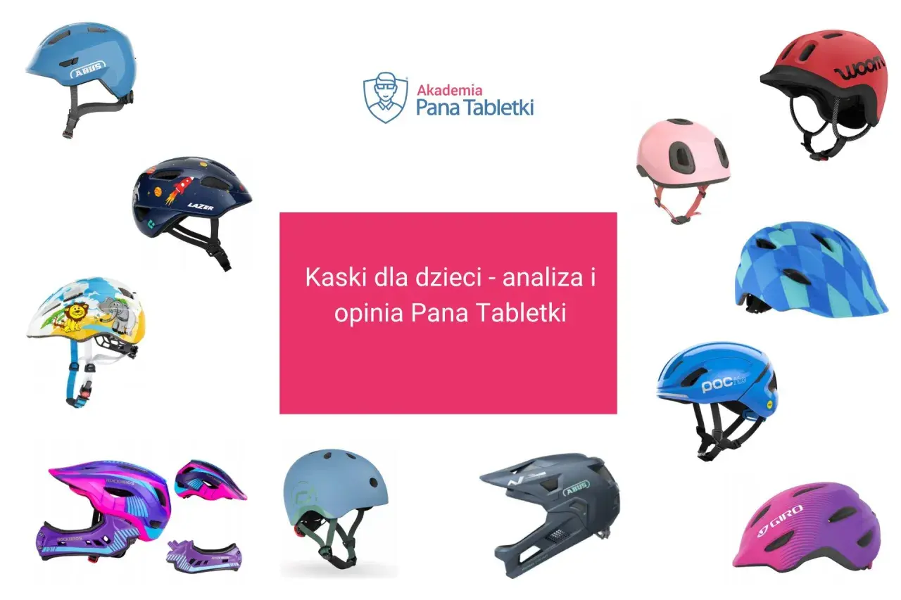 Kaski rowerowe dla dzieci, w tym modele z motywami kosmicznymi i zwierzęcymi, czekają na analizę Pana Tabletki. To bezpieczny teren budowy dla małych rowerzystów.
