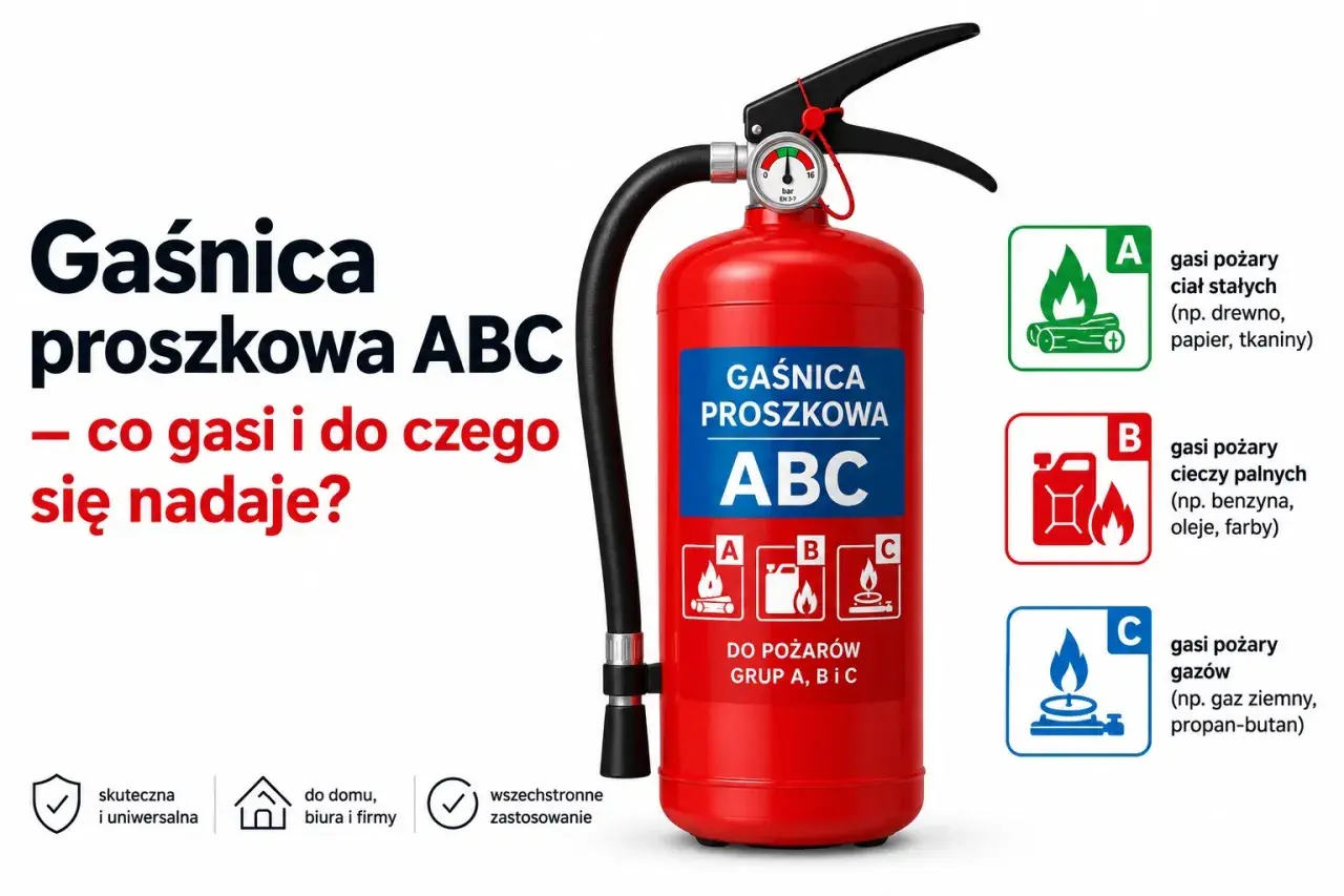 Czerwona gaśnica proszkowa ABC, wszechstronna, do gaszenia pożarów ciał stałych, cieczy palnych i gazów. Idealna do domu, biura i firmy.