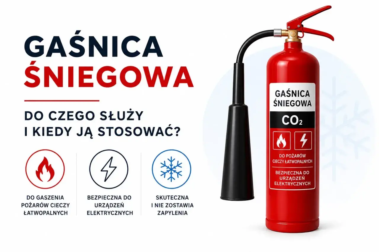 Gaśnica śniegowa CO2: do czego służy? Do gaszenia pożarów cieczy łatwopalnych i urządzeń elektrycznych. Nie zostawia zapylenia.