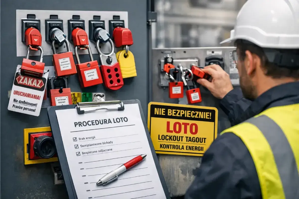 Pracownik stosuje procedurę LOTO, blokując maszyny kłódkami. Na tablicy kontrolnej widnieje napis "PROCEDURA LOTO".