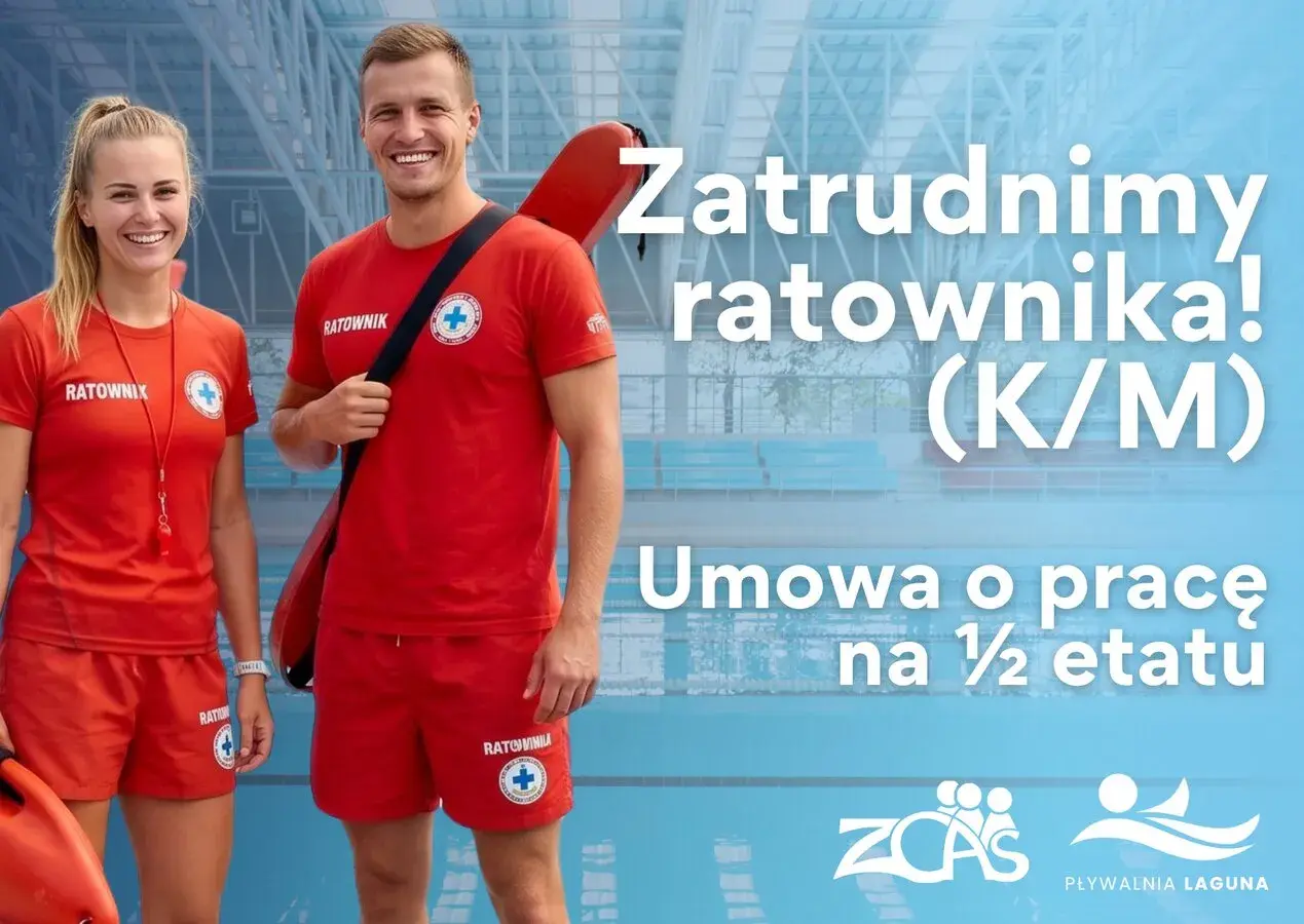 Uśmiechnięci ratownicy w czerwonych strojach szukają kogoś do pracy. Oferta pracy na pół etatu dla ratownika K/M.