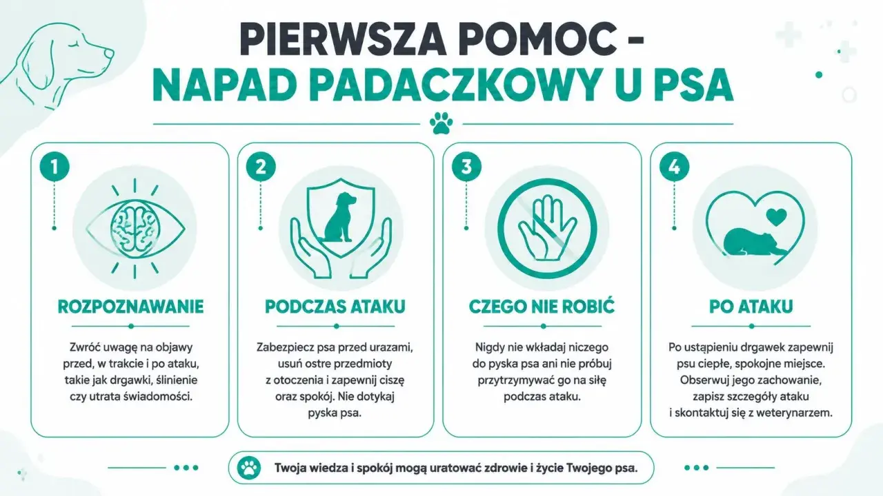Pierwsza pomoc przy napadzie padaczkowym u psa: rozpoznawanie, co robić podczas ataku, czego nie robić i postępowanie po ataku. Drgawki to sygnał do działania.
