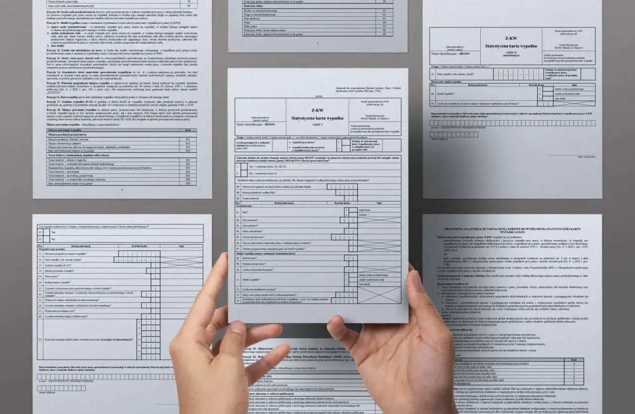 Statystyczna karta wypadku Z-KW. Dokument zawiera szczegółowe dane dotyczące wypadku przy pracy, jego okoliczności, skutków oraz informacje o poszkodowanym i pracodawcy.