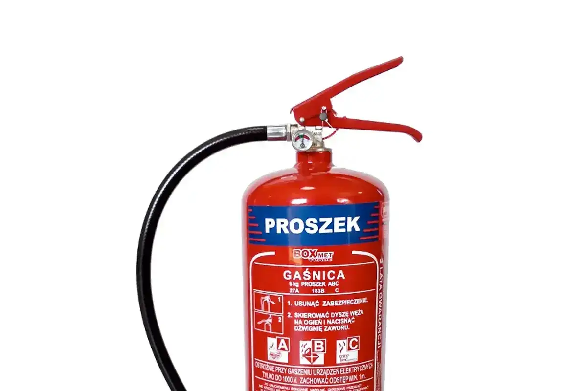 Gaśnica proszkowa, idealna do gaszenia urządzeń elektrycznych pod napięciem do 1000V.