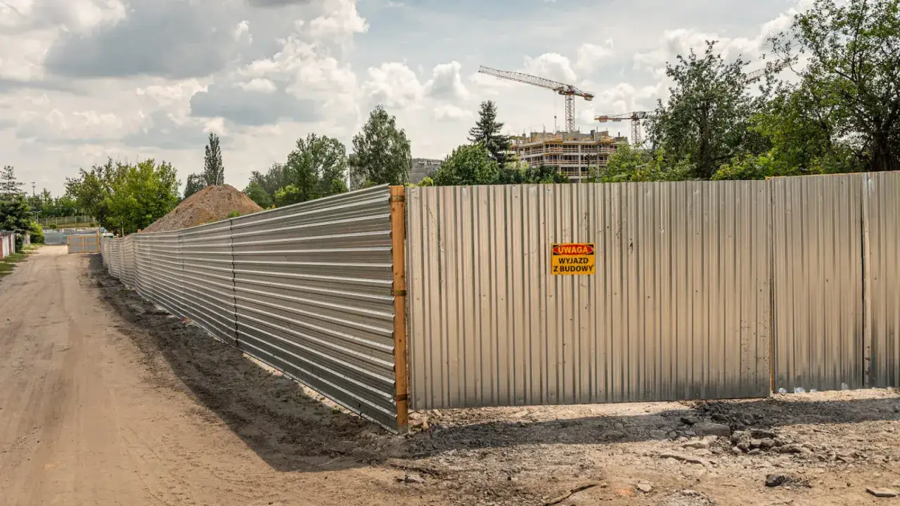 Metalowe ogrodzenie budowy z tabliczką 