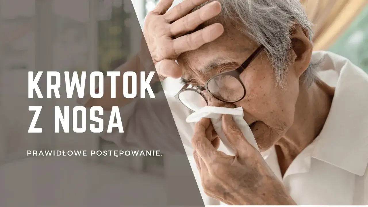 Starszy mężczyzna z okularami przykłada chusteczkę do nosa. Tekst informuje, jak zatamować krwotok z nosa.